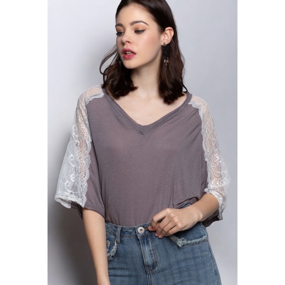 POL Charcoal Lace Half Sleeve Oversized Tee - Picture 6 of 6